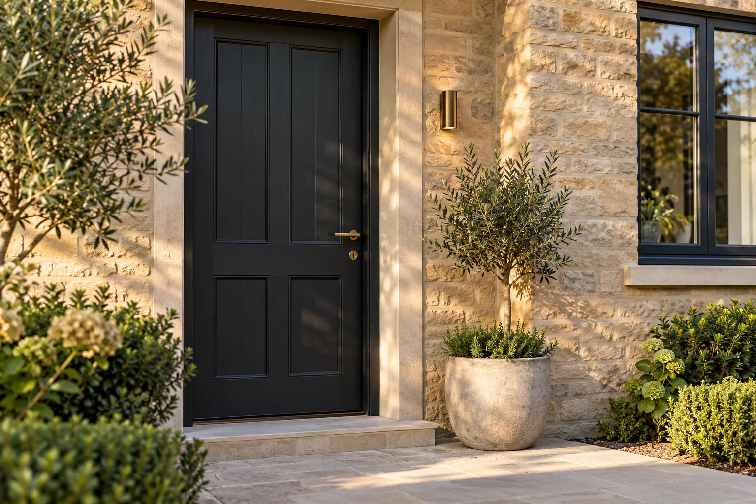 Charcoal front door with brass hardware and a planted entrance