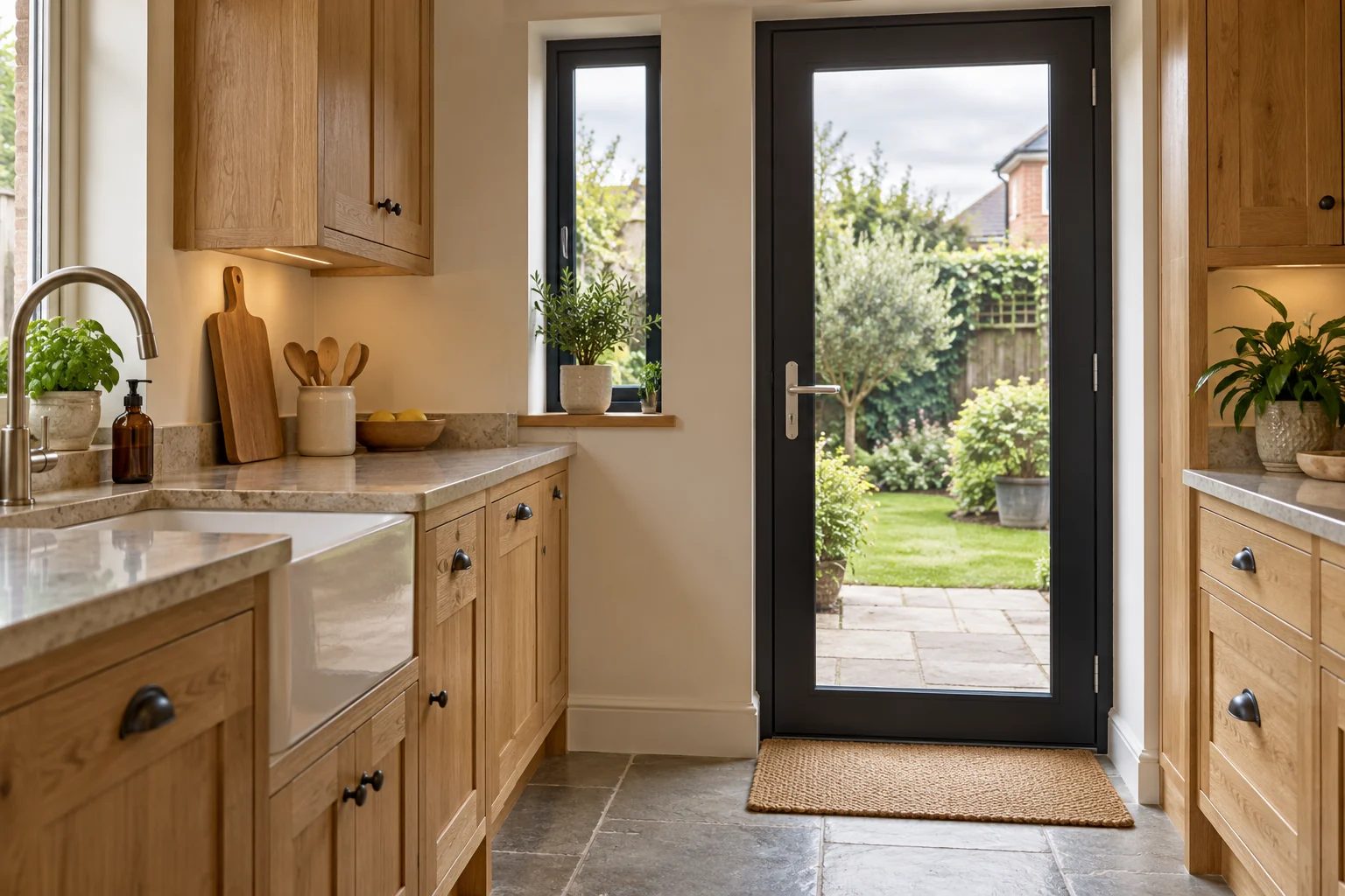 Bright home kitchen with a glazed back door and window overlooking a garden