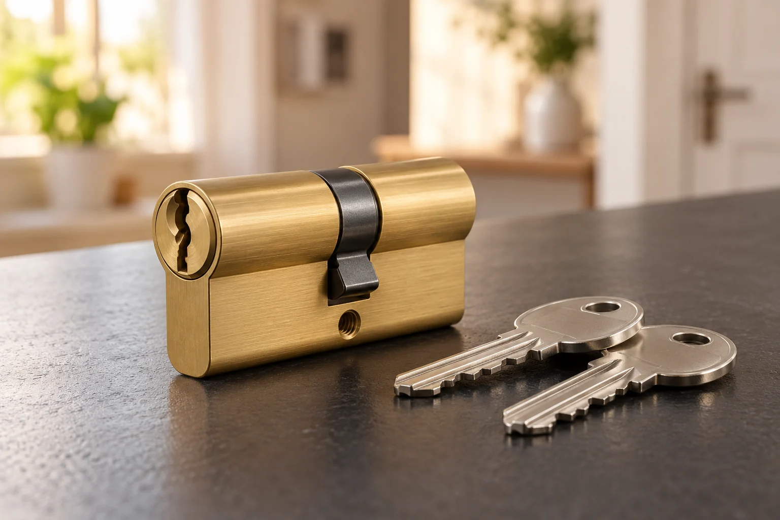 Brass euro cylinder lock and silver house keys on a dark surface
