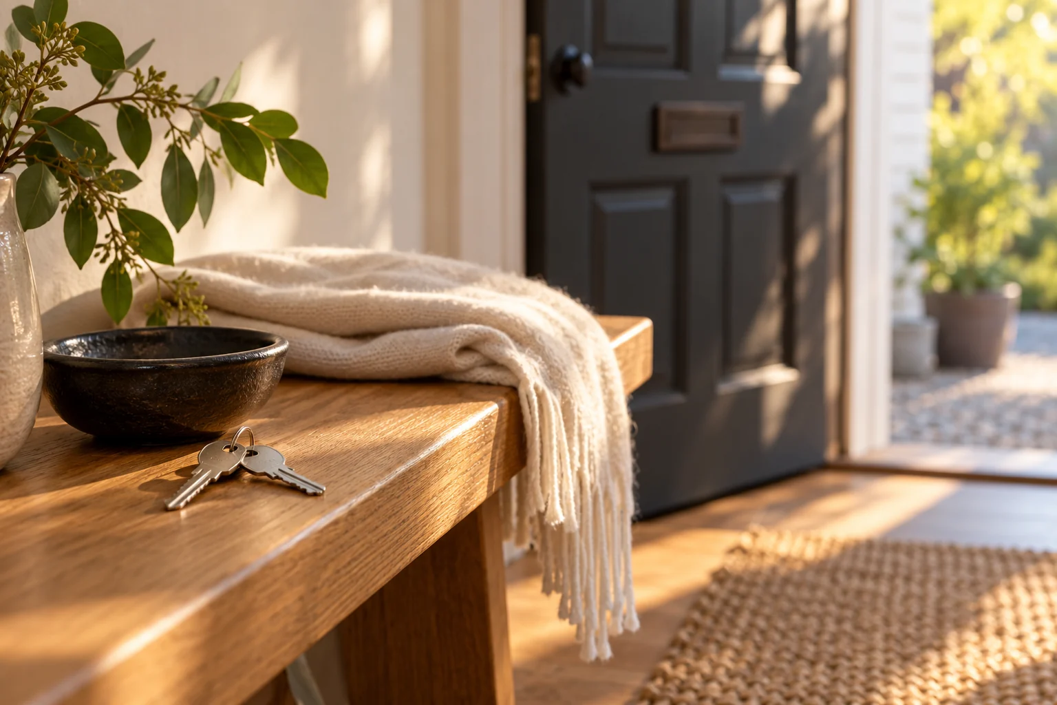 Two house keys on an oak hallway bench beside a dark bowl