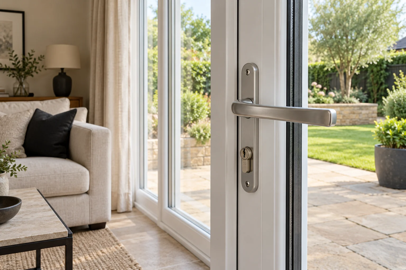 White patio door with a silver handle looking onto a garden